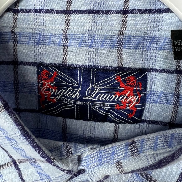 English Laundry Men’s Blue Plaid Linen Blend Button Up Shirt size large - Picture 3 of 10